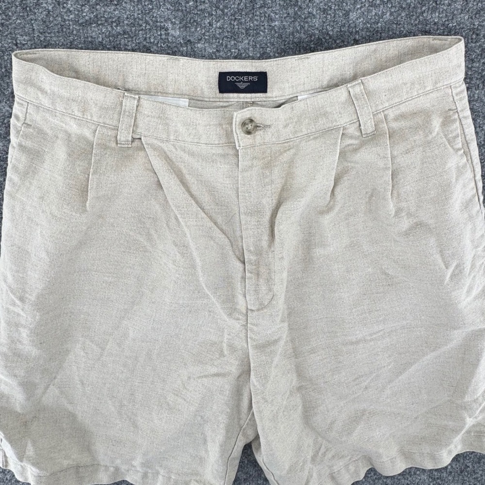 Dockers Pleated Shorts Men 34 Beige Solid 90's Linen Blend‎ Relaxed Beige Casual